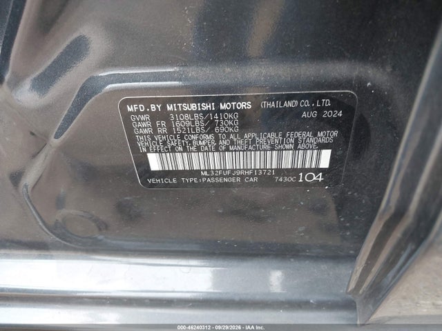 Продажа на аукционе авто 2024 Mitsubishi Mirage G4 Black Edition/es/le, vin: ML32FUFJ9RHF13721, номер лота: 46240312