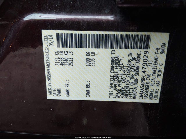 Aukcja sprzedaży 2014 Nissan Maxima 3.5 Sv, vin: 1N4AA5AP8EC479029, numer aukcji: 46240324