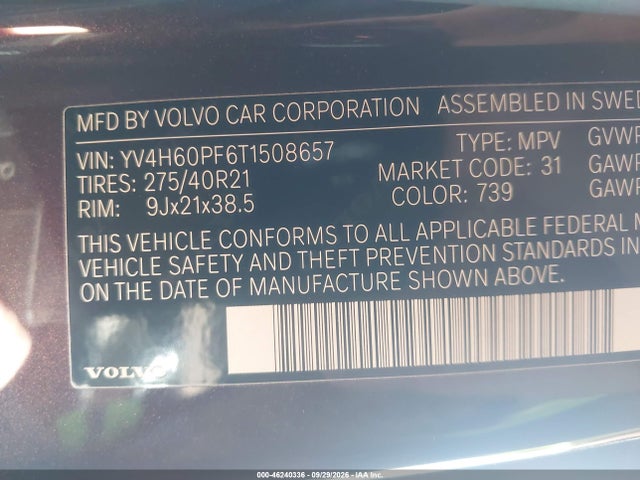 46240336 :رقم المزاد ، YV4H60PF6T1508657 vin ، 2026 Volvo Xc90 Plug-in Hybrid Ultra, T8 Awd, Electric/gasoline, Bright, 7 Seats مزاد بيع