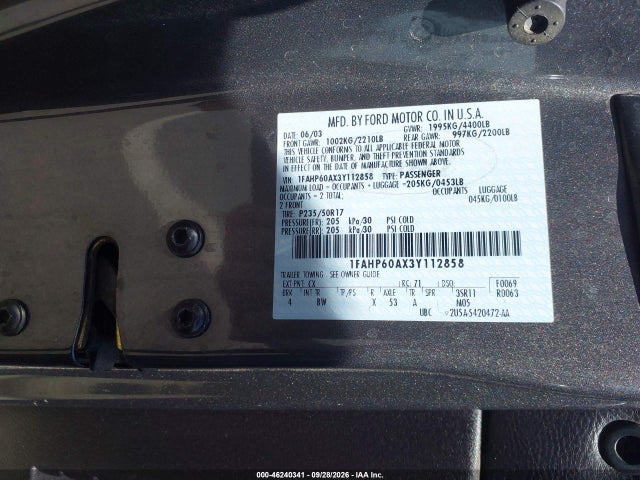 46240341 :رقم المزاد ، 1FAHP60AX3Y112858 vin ، 2003 Ford Thunderbird مزاد بيع