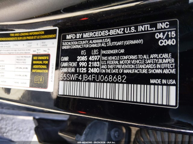 2015 Mercedes-benz C 300 Sport მანქანა იყიდება აუქციონზე, vin: 55SWF4JB4FU068682, აუქციონის ნომერი: 46240360