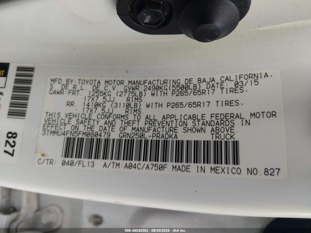 46240362 :رقم المزاد ، 3TMMU4FN5FM080479 vin ، 2015 Toyota Tacoma Base V6 مزاد بيع