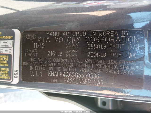 46240363 :رقم المزاد ، KNAFK4A65G5559536 vin ، 2016 Kia Forte Lx مزاد بيع