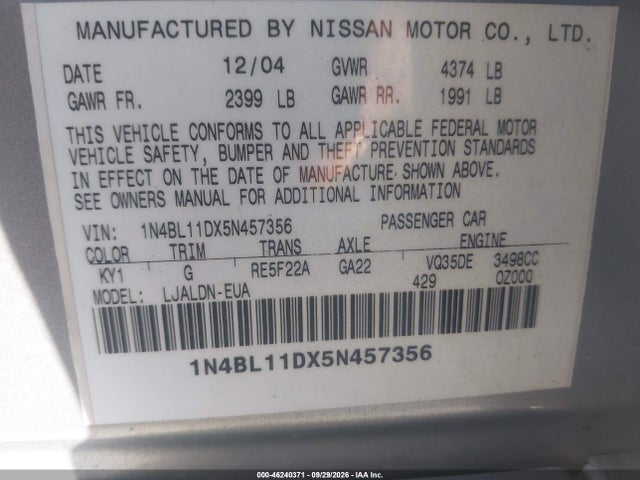 Продаж на аукціоні авто 2005 Nissan Altima 3.5 Sl, vin: 1N4BL11DX5N457356, номер лоту: 46240371