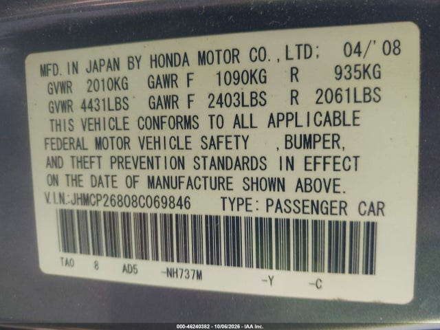 46240382 :رقم المزاد ، JHMCP26808C069846 vin ، 2008 Honda Accord 2.4 Ex-l مزاد بيع