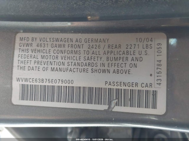 46240410 :رقم المزاد ، WVWCE63B75E079000 vin ، 2005 Volkswagen Passat Gls Tdi مزاد بيع