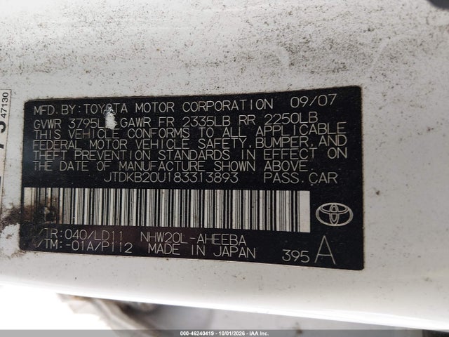 2008 Toyota Prius მანქანა იყიდება აუქციონზე, vin: JTDKB20U183313893, აუქციონის ნომერი: 46240419