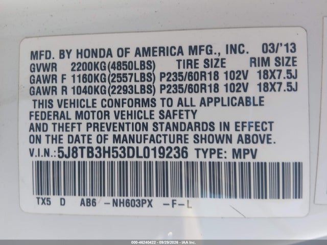 46240422 :رقم المزاد ، 5J8TB3H53DL019236 vin ، 2013 Acura Rdx مزاد بيع