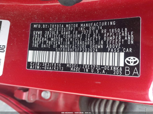 Продаж на аукціоні авто 2015 Toyota Corolla Le Plus, vin: 5YFBURHEXFP203624, номер лоту: 46240453