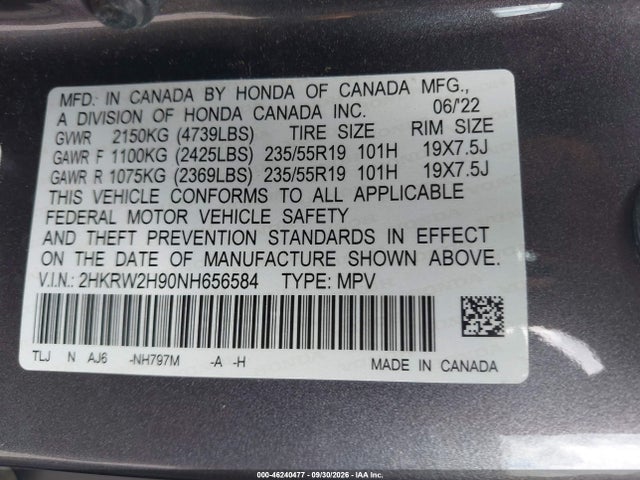2022 Honda Cr-v Awd Touring მანქანა იყიდება აუქციონზე, vin: 2HKRW2H90NH656584, აუქციონის ნომერი: 46240477