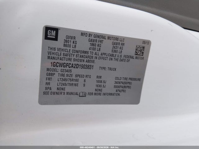 46240481 :رقم المزاد ، 1GCWGFCA2D1903831 vin ، 2013 Chevrolet Express 2500 Work Van مزاد بيع