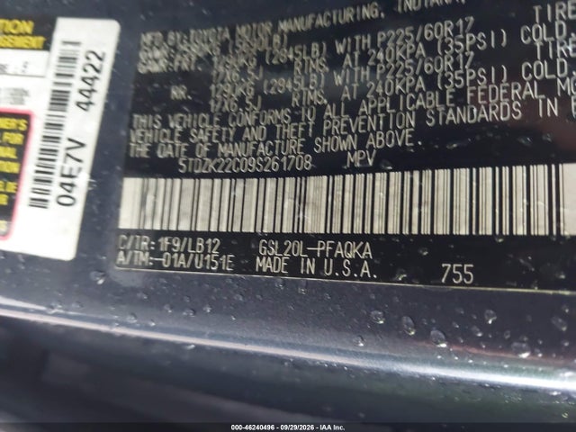Aukcja sprzedaży 2009 Toyota Sienna Xle, vin: 5TDZK22C09S261708, numer aukcji: 46240496