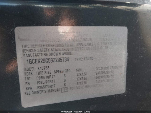 46240501 :رقم المزاد ، 1GCEK29C69Z295784 vin ، 2009 Chevrolet Silverado 1500 Lt مزاد بيع