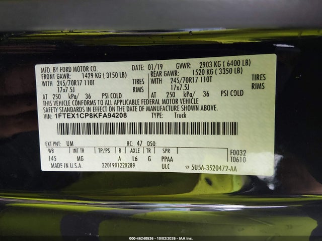 Aukcja sprzedaży 2019 Ford F-150 Xlt, vin: 1FTEX1CP8KFA94208, numer aukcji: 46240536