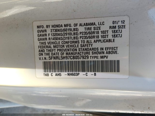 46240538 :رقم المزاد ، 5FNRL5H97CB057929 vin ، 2012 Honda Odyssey Touring/touring Elite مزاد بيع