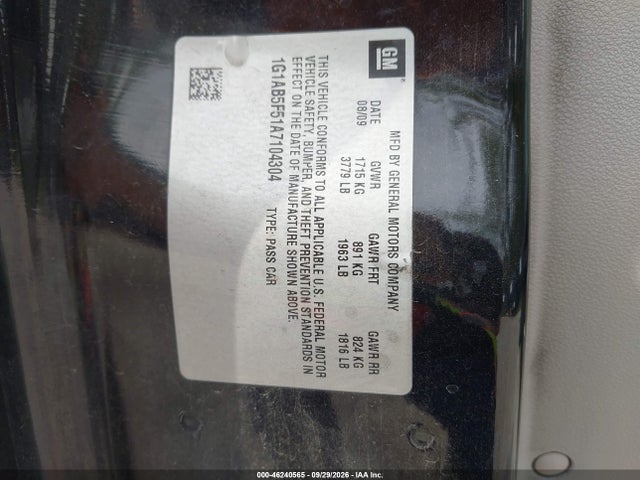 46240565 :رقم المزاد ، 1G1AB5F51A7104304 vin ، 2010 Chevrolet Cobalt Ls مزاد بيع