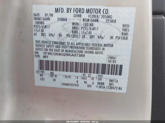 46240568 :رقم المزاد ، 1FMCU04G29KA07389 vin ، 2009 Ford Escape Limited مزاد بيع