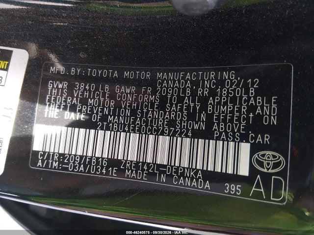 46240575 :رقم المزاد ، 2T1BU4EE0CC797224 vin ، 2012 Toyota Corolla Le مزاد بيع