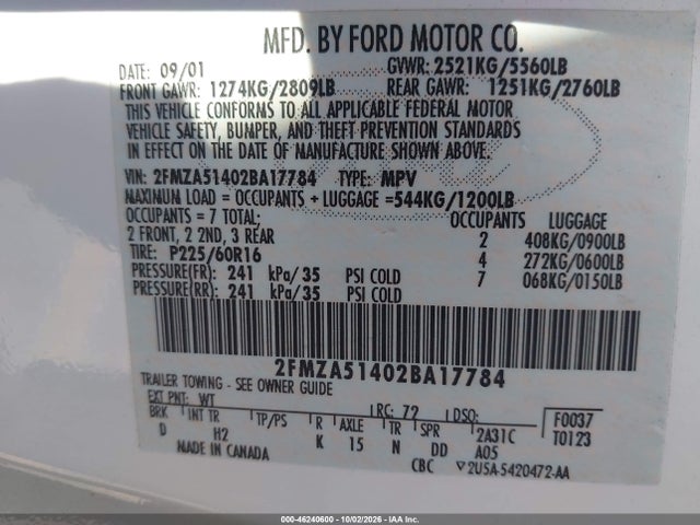 46240600 :رقم المزاد ، 2FMZA51402BA17784 vin ، 2002 Ford Windstar Lx مزاد بيع
