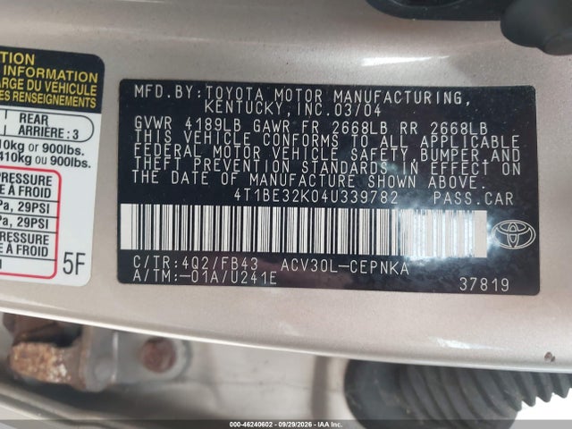 Продажа на аукционе авто 2004 Toyota Camry Le, vin: 4T1BE32K04U339782, номер лота: 46240602