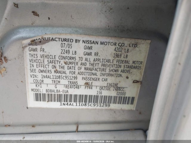 Aukcja sprzedaży 2005 Nissan Altima 2.5 S, vin: 1N4AL11D85C951299, numer aukcji: 46240614