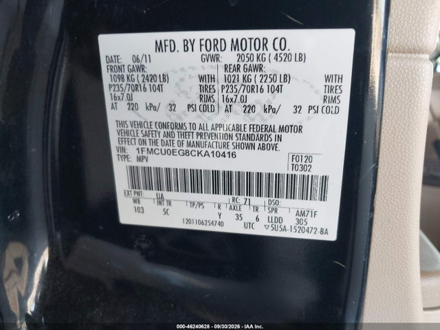 Продаж на аукціоні авто 2012 Ford Escape Limited, vin: 1FMCU0EG8CKA10416, номер лоту: 46240628