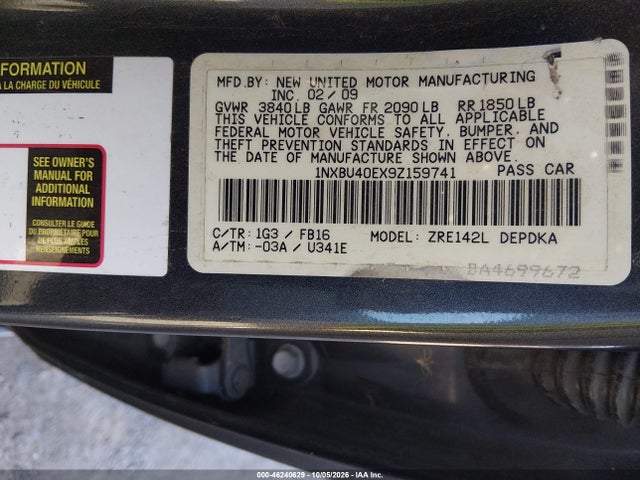 Aukcja sprzedaży 2009 Toyota Corolla Le, vin: 1NXBU40EX9Z159741, numer aukcji: 46240629