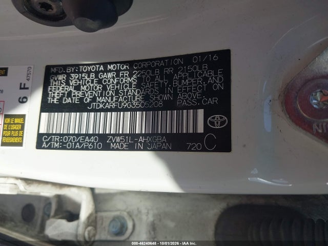 Продаж на аукціоні авто 2016 Toyota Prius Four, vin: jtdkarfu9g3505208, номер лоту: 46240648