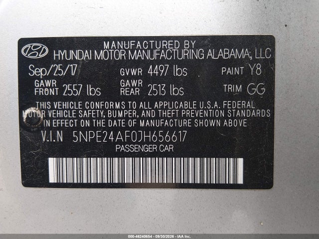 46240654 :رقم المزاد ، 5NPE24AF0JH656617 vin ، 2018 Hyundai Sonata Se مزاد بيع