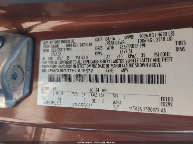 46240657 :رقم المزاد ، 1FMCU0GD7HUA19672 vin ، 2017 Ford Escape Se مزاد بيع