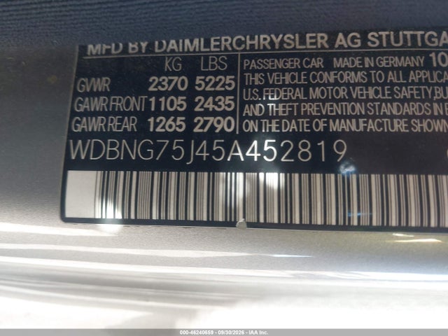 2005 Mercedes-benz S 500 მანქანა იყიდება აუქციონზე, vin: WDBNG75J45A452819, აუქციონის ნომერი: 46240659