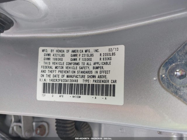 Aukcja sprzedaży 2013 Honda Accord Ex-l, vin: 1HGCR2F82DA136448, numer aukcji: 46240674