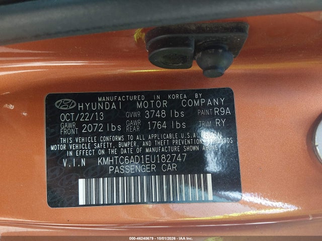 Продаж на аукціоні авто 2014 Hyundai Veloster Base W/black, vin: KMHTC6AD1EU182747, номер лоту: 46240679