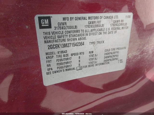 Auction sale of the 2007 Chevrolet Silverado 1500 Lt1, vin: 2GCEK13M271542364, lot number: 46240684
