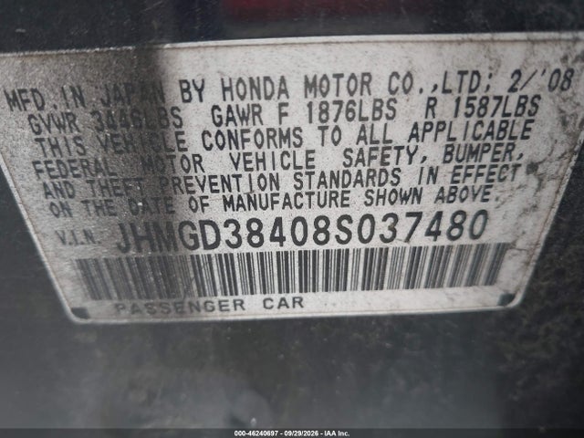 46240697 :رقم المزاد ، JHMGD38408S037480 vin ، 2008 Honda Fit مزاد بيع