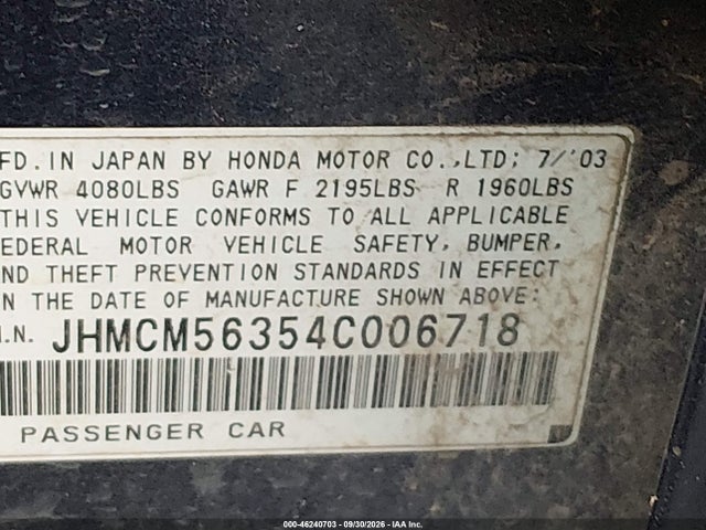 2004 Honda Accord 2.4 Lx მანქანა იყიდება აუქციონზე, vin: JHMCM56354C006718, აუქციონის ნომერი: 46240703