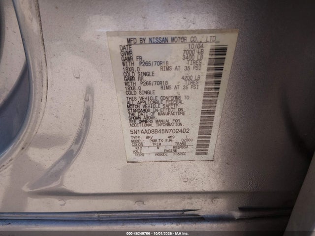 2005 Nissan Armada Se მანქანა იყიდება აუქციონზე, vin: 5N1AA08B45N702402, აუქციონის ნომერი: 46240706