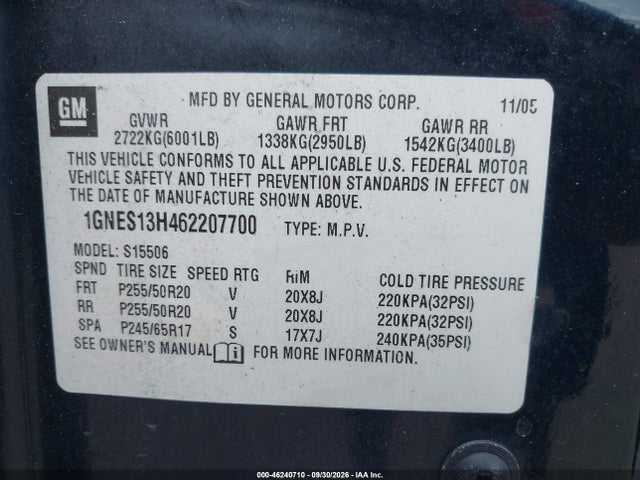 46240710 :رقم المزاد ، 1GNES13H462207700 vin ، 2006 Chevrolet Trailblazer Lt مزاد بيع