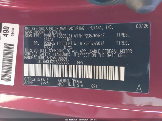 Toyota SIENNA XLE 2026 5TDYRKEC2TS308960 Image 9