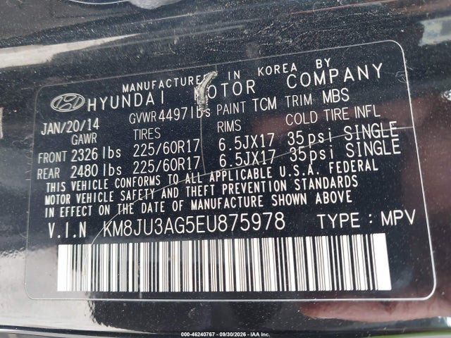 2014 Hyundai Tucson Se მანქანა იყიდება აუქციონზე, vin: KM8JU3AG5EU875978, აუქციონის ნომერი: 46240767