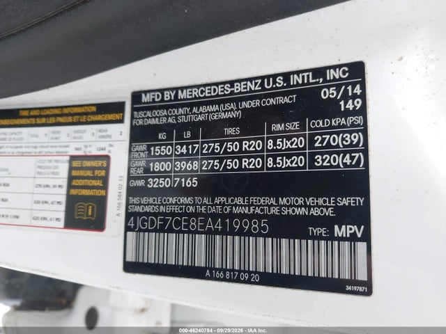 46240784 :رقم المزاد ، 4JGDF7CE8EA419985 vin ، 2014 Mercedes-benz Gl 450 4matic مزاد بيع