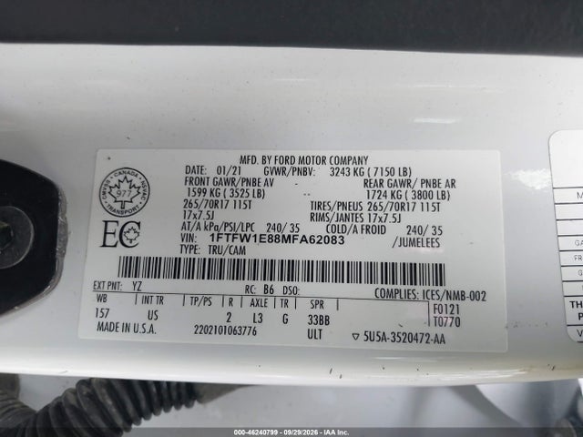 2021 Ford F-150 Xlt მანქანა იყიდება აუქციონზე, vin: 1FTFW1E88MFA62083, აუქციონის ნომერი: 46240799