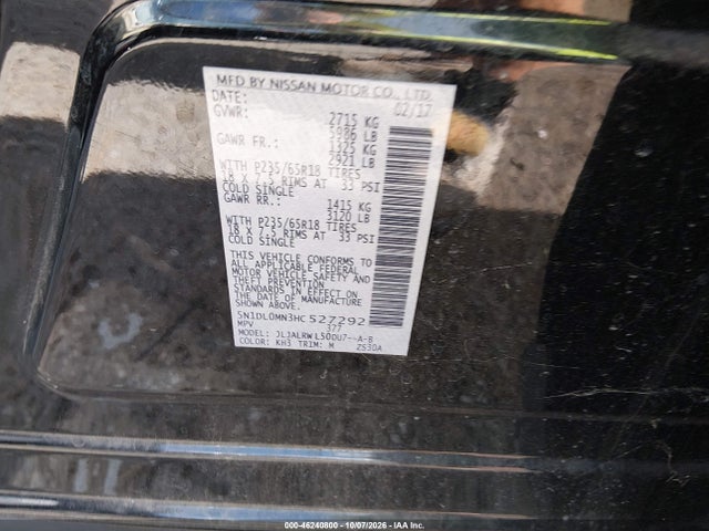 Aukcja sprzedaży 2017 Infiniti Qx60, vin: 5N1DL0MN3HC527292, numer aukcji: 46240800