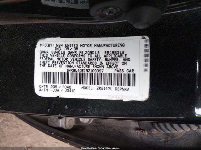 46240804 :رقم المزاد ، 1NXBU40E19Z109097 vin ، 2009 Toyota Corolla Xle مزاد بيع
