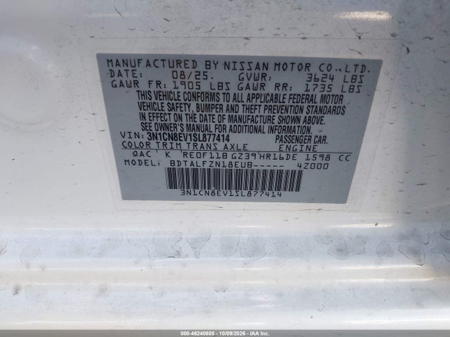 Продаж на аукціоні авто 2025 Nissan Versa 1.6 Sv, vin: 3N1CN8EV1SL877414, номер лоту: 46240805