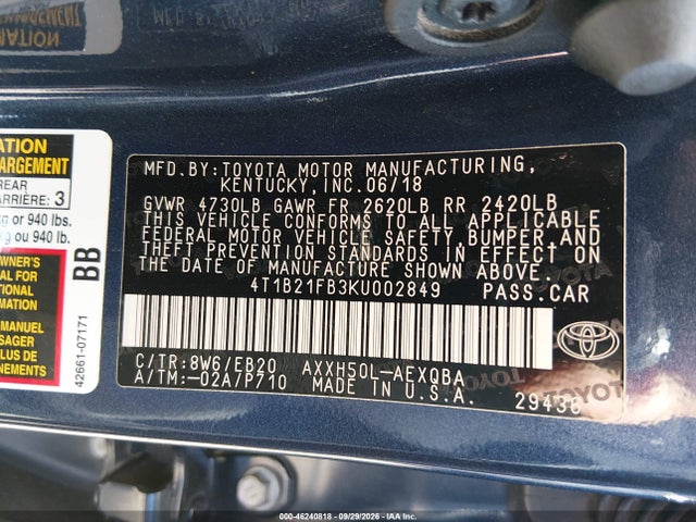 46240818 :رقم المزاد ، 4T1B21FB3KU002849 vin ، 2019 Toyota Avalon Hybrid Xse مزاد بيع
