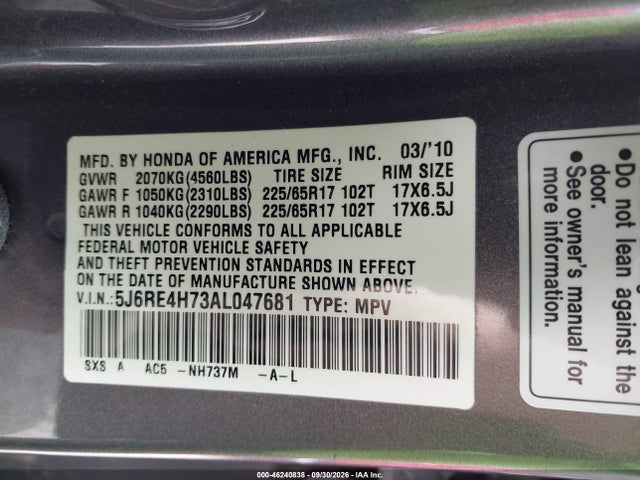 Продаж на аукціоні авто 2010 Honda Cr-v Ex-l, vin: 5J6RE4H73AL047681, номер лоту: 46240838