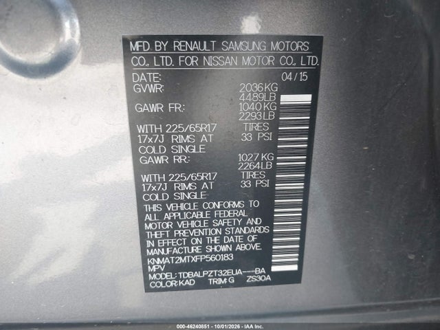 2015 Nissan Rogue S მანქანა იყიდება აუქციონზე, vin: KNMAT2MTXFP560183, აუქციონის ნომერი: 46240851