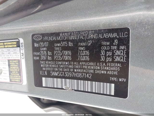 46240854 :رقم المزاد ، 5NMSG13D97H087142 vin ، 2007 Hyundai Santa Fe Gls مزاد بيع