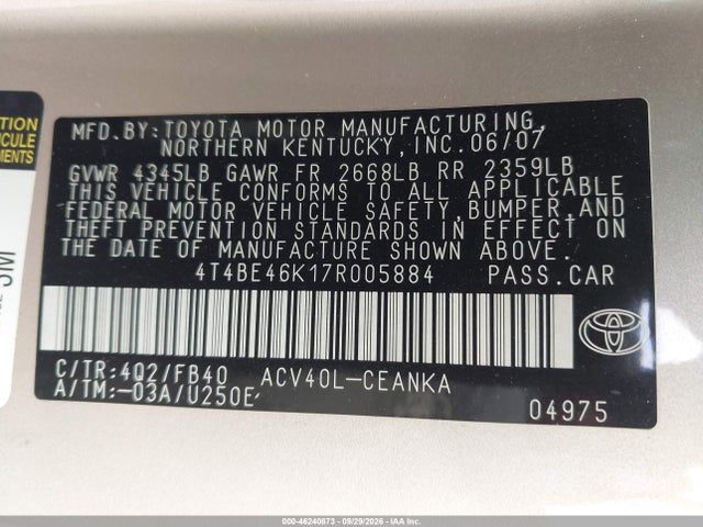 46240873 :رقم المزاد ، 4T4BE46K17R005884 vin ، 2007 Toyota Camry Le مزاد بيع